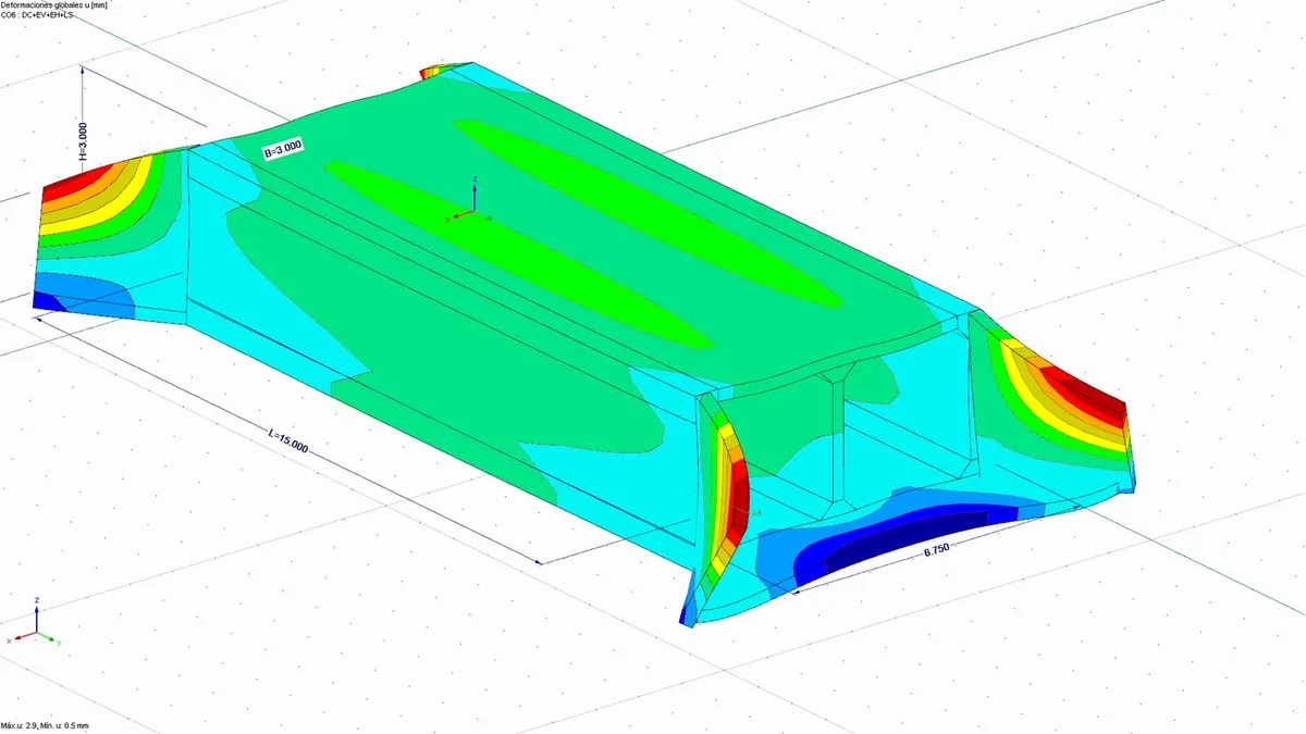 Deformación bajo la combinación DC+EV+EH+LS: 2,9 mm como máximo, concentrados en el borde libre de las aletas y no en el cajón.