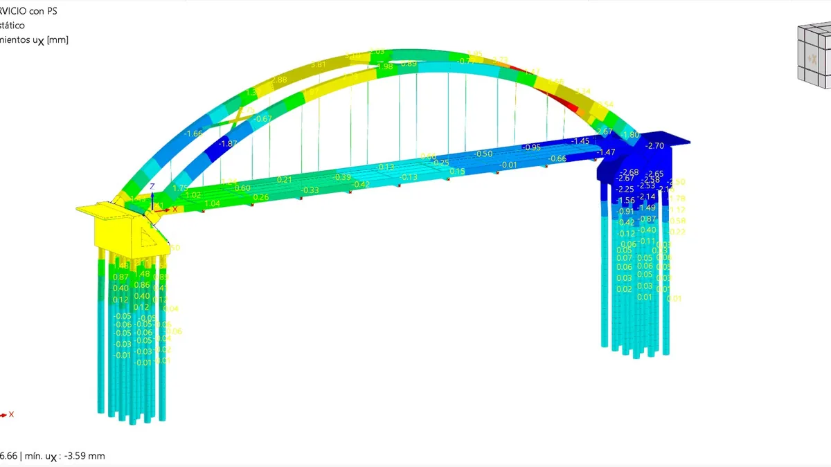 Modelo global en RFEM 6: arco, péndolas, tablero, estribos y los veinticuatro pilotes en una sola pieza, con los desplazamientos en servicio.